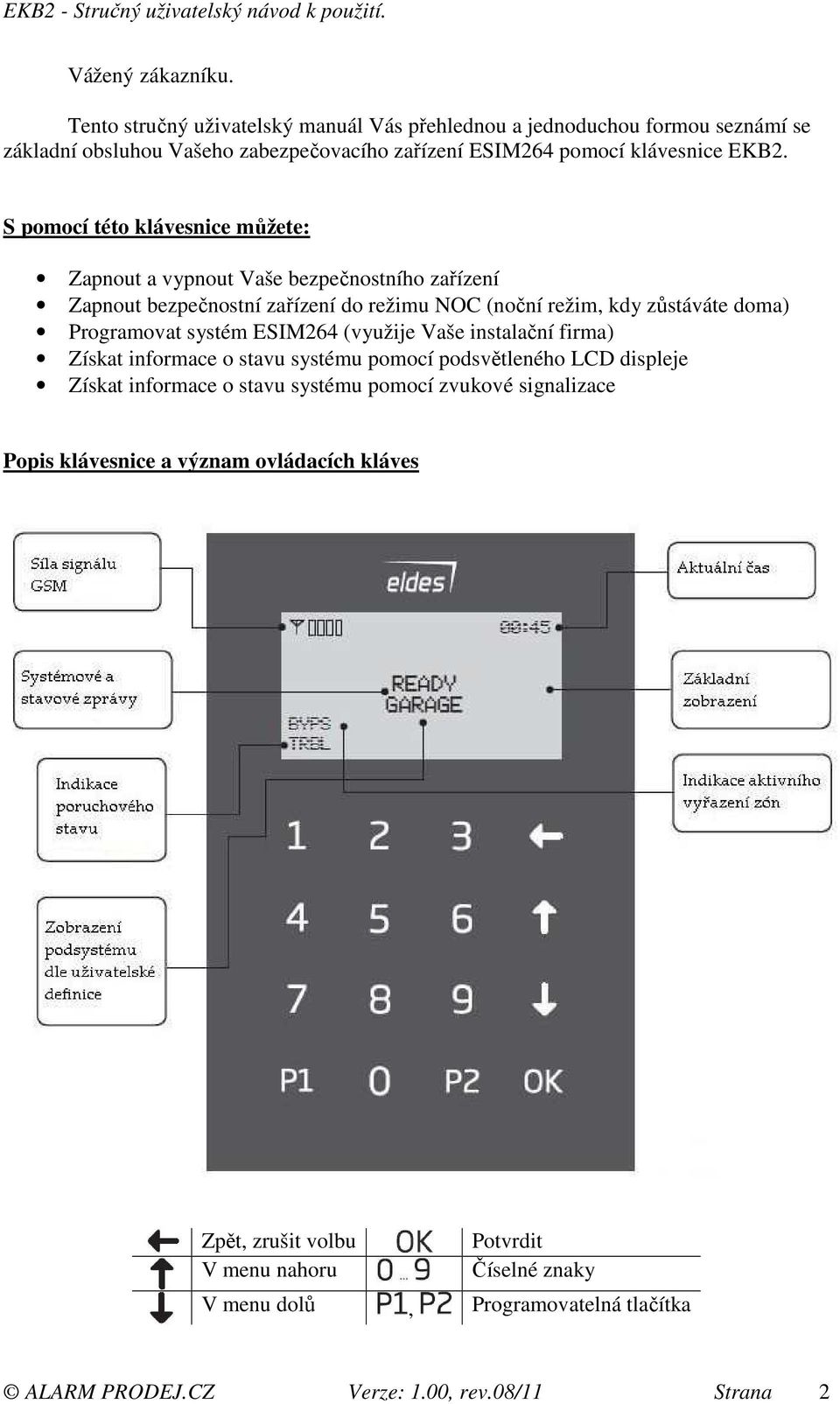 S pomocí této klávesnice můžete: Zapnout a vypnout Vaše bezpečnostního zařízení Zapnout bezpečnostní zařízení do režimu NOC (noční režim, kdy zůstáváte doma) Programovat systém