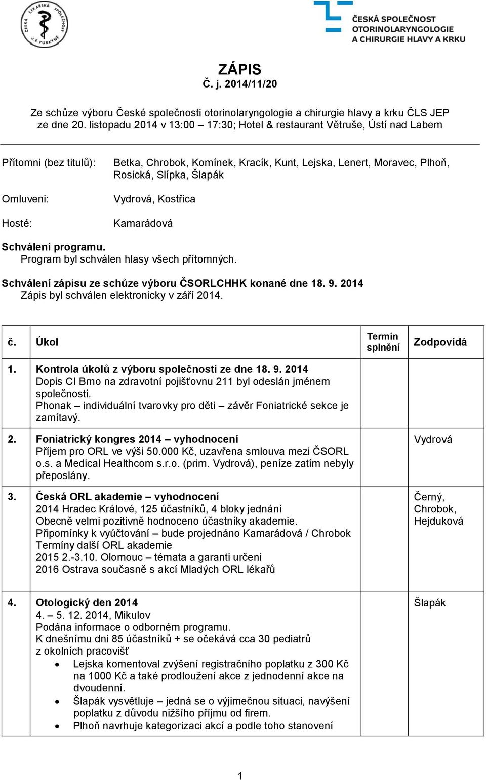 Kostřica Schválení programu. Program byl schválen hlasy všech přítomných. Schválení zápisu ze schůze výboru ČSORLCHHK konané dne 18. 9. 2014 Zápis byl schválen elektronicky v září 2014. č. Úkol 1.