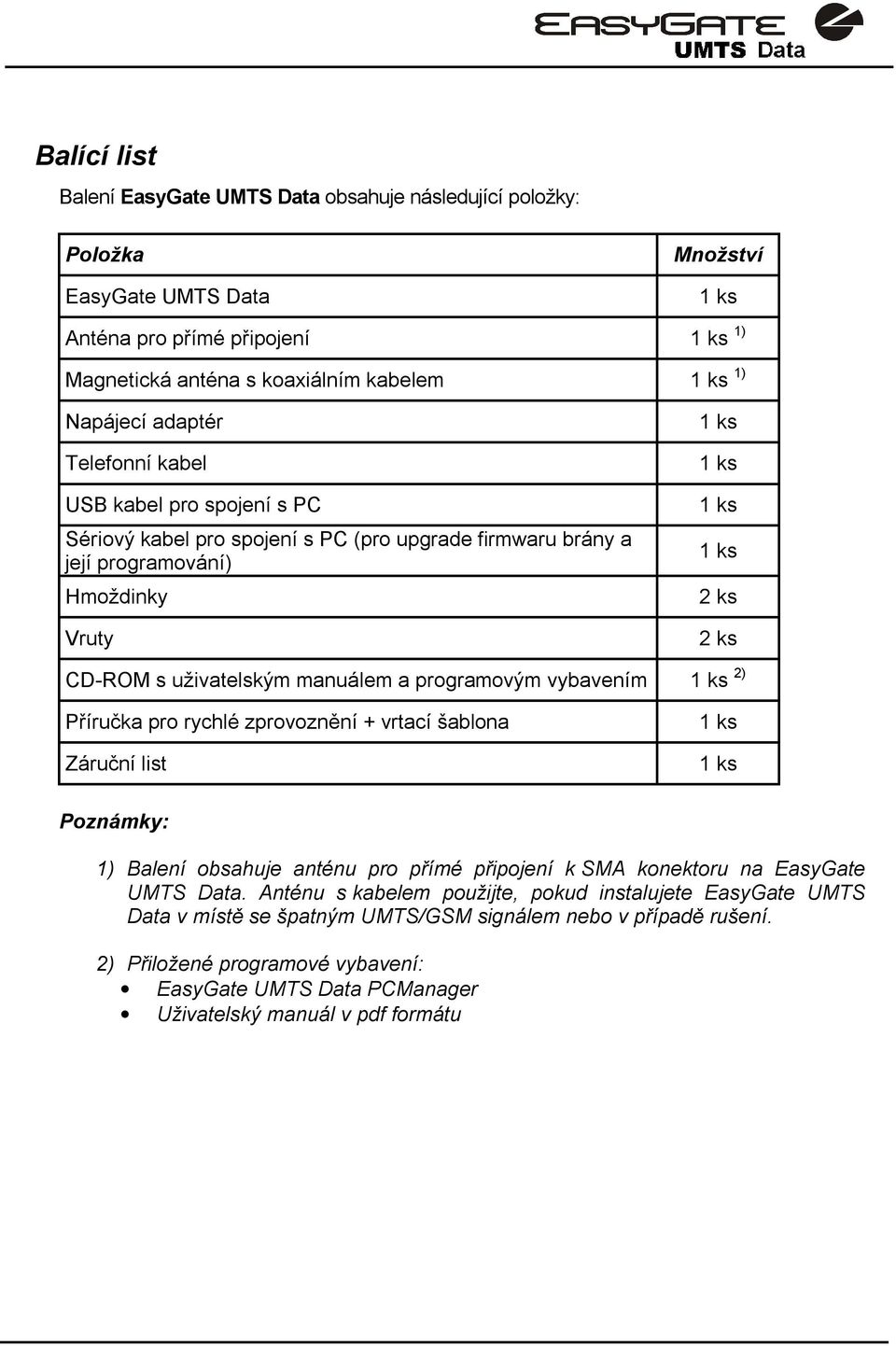 manuálem a programovým vybavením 1 ks 2) Příručka pro rychlé zprovoznění + vrtací šablona Záruční list 1 ks 1 ks Poznámky: 1) Balení obsahuje anténu pro přímé připojení k SMA konektoru na EasyGate
