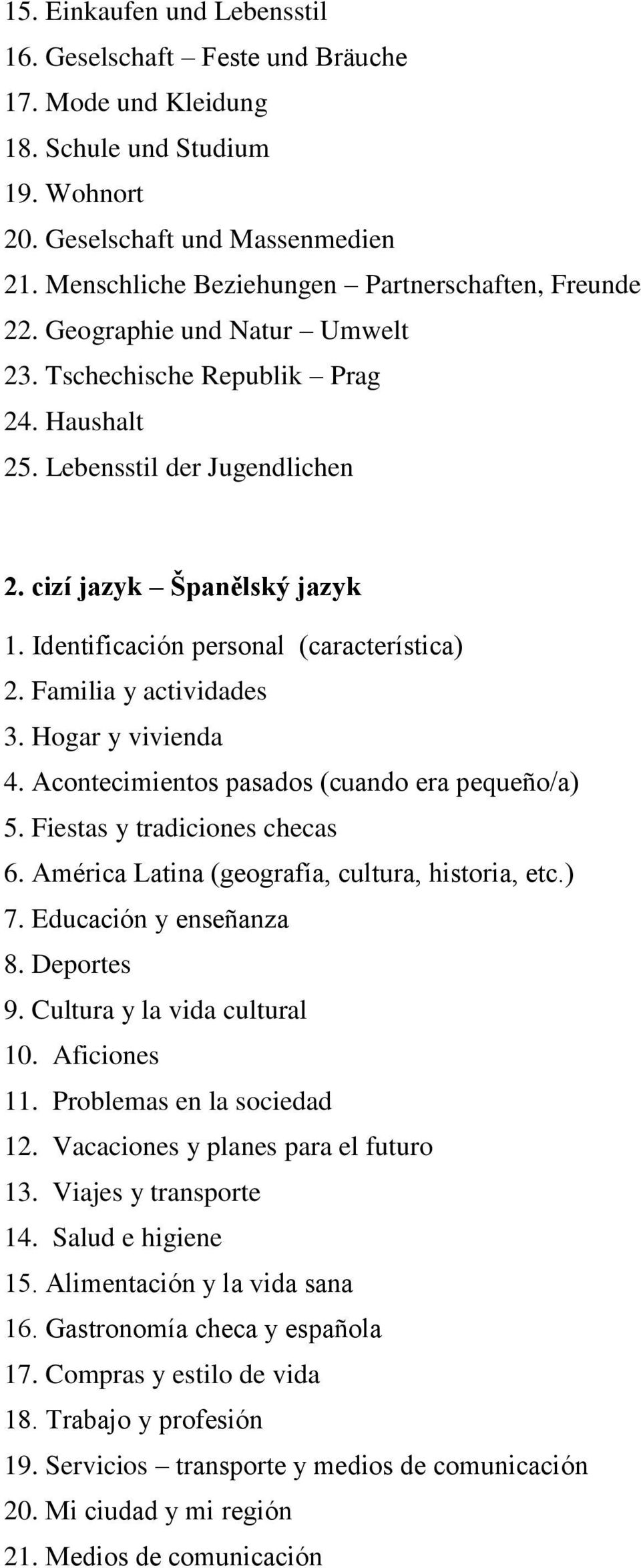 Identificación personal (característica) 2. Familia y actividades 3. Hogar y vivienda 4. Acontecimientos pasados (cuando era pequeño/a) 5. Fiestas y tradiciones checas 6.