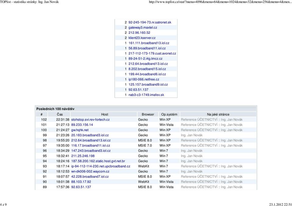 sk Posledních 100 návštěv # Čas Host Browser Op.systém Na jaké stránce 102 22:31:38 stohstop.svi.rev-fortech.cz Gecko Win XP Reference ÚČETNICTVÍ :: Ing. Jan Novák 101 21:27:13 89.233.156.