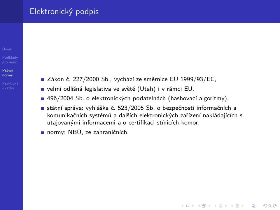 o elektronických podatelnách (hashovací algoritmy), státní správa: vyhláška č. 523/2005 Sb.