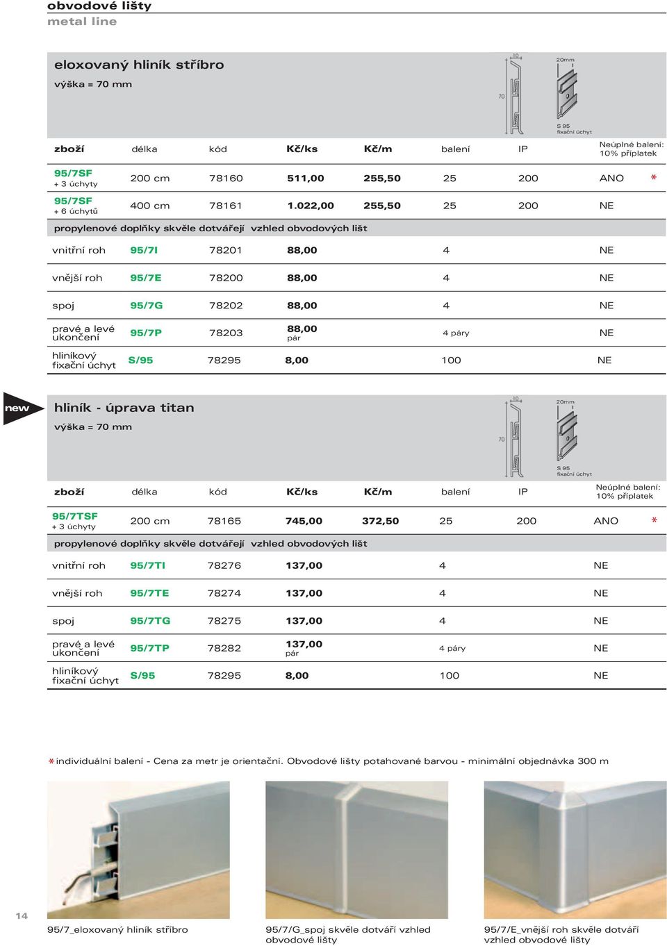 20mm S 95 95/7TSF + 3 úchyty 200 cm 78165 745,00 372,50 25 200 ANO vnitřní roh 95/7TI 78276 137,00 4 NE vnější roh 95/7TE 78274 137,00 4 NE spoj 95/7TG 78275 137,00 4 NE 95/7TP 78282