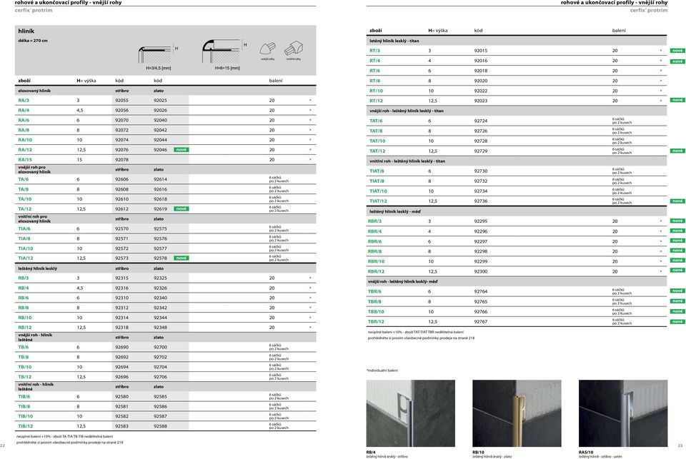 92072 92042 20 RA/10 10 92074 92044 20 RA/12 12,5 92076 92046 20 RA/15 15 92078 20 vnější roh pro eloxovaný hliník stříbro zlato TA/6 6 92606 92614 TA/8 8 92608 92616 TA/10 10 92610 92618 TA/12 12,5