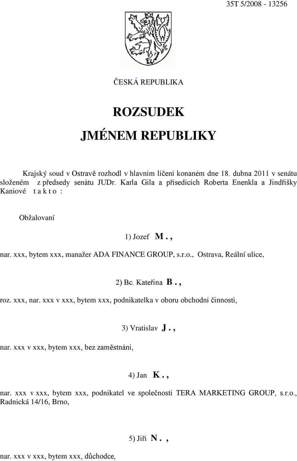 xxx, bytem xxx, manažer ADA FINANCE GROUP, s.r.o., Ostrava, Reální ulice, 2) Bc. Kateřina B., roz. xxx, nar.