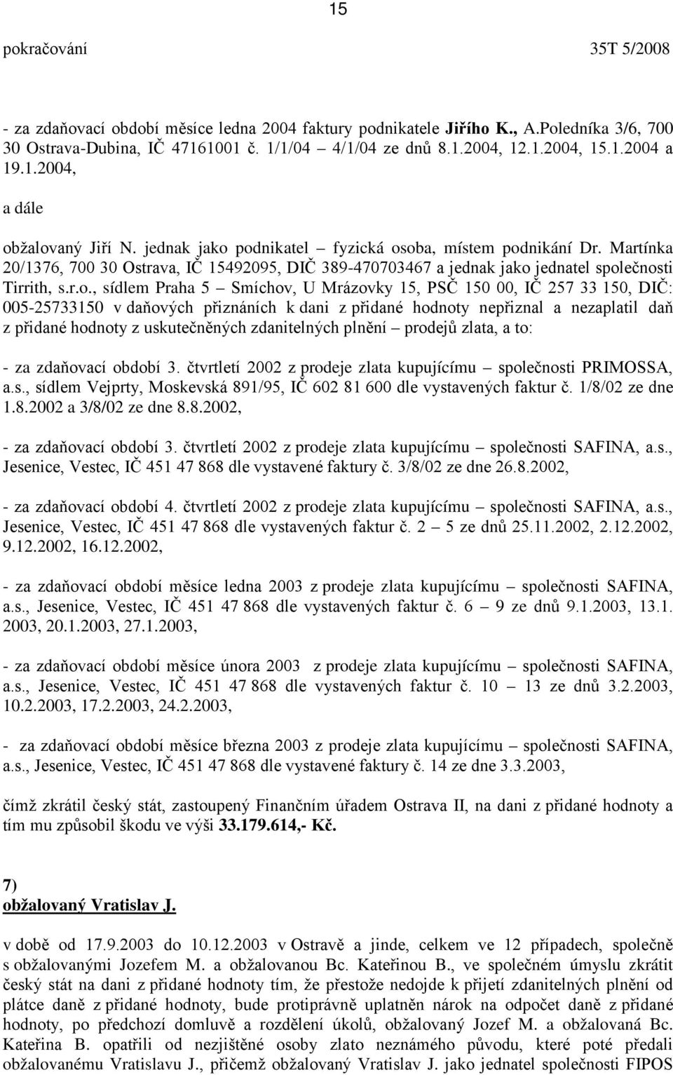 podnikatel fyzická osoba, místem podnikání Dr. Martínka 20/1376, 700 30 Ostrava, IČ 15492095, DIČ 389-470703467 a jednatel společnosti Tirrith, s.r.o., sídlem Praha 5 Smíchov, U Mrázovky 15, PSČ 150