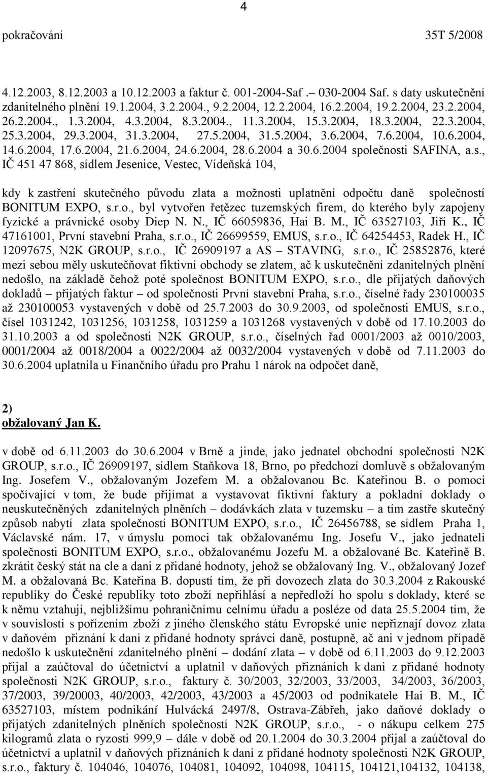 6.2004 společnosti SAFINA, a.s., IČ 451 47 868, sídlem Jesenice, Vestec, Vídeňská 104, kdy k zastření skutečného původu zlata a možnosti uplatnění odpočtu daně společností BONITUM EXPO, s.r.o., byl vytvořen řetězec tuzemských firem, do kterého byly zapojeny fyzické a právnické osoby Diep N.