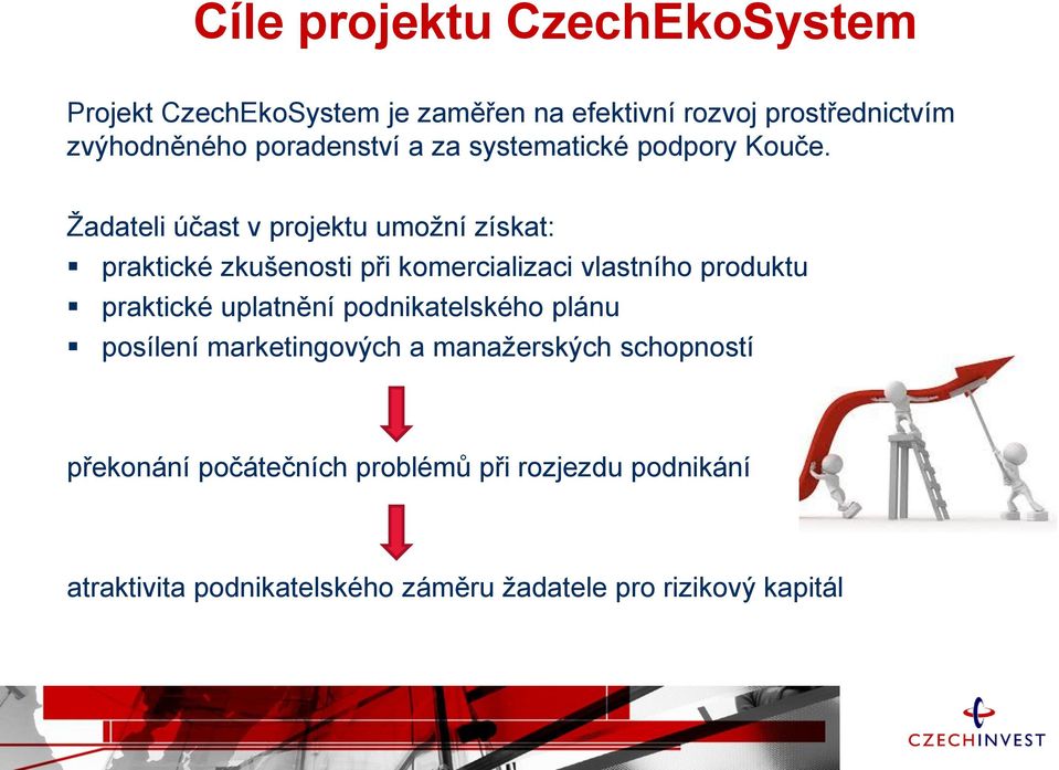 Žadateli účast v projektu umožní získat: praktické zkušenosti při komercializaci vlastního produktu praktické