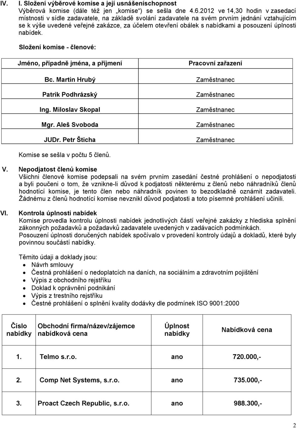 a posouzení úplnosti nabídek. Složení komise - členové: Jméno, případně jména, a příjmení Bc. Martin Hrubý Patrik Podhrázský Ing. Miloslav Skopal Mgr. Aleš Svoboda JUDr.