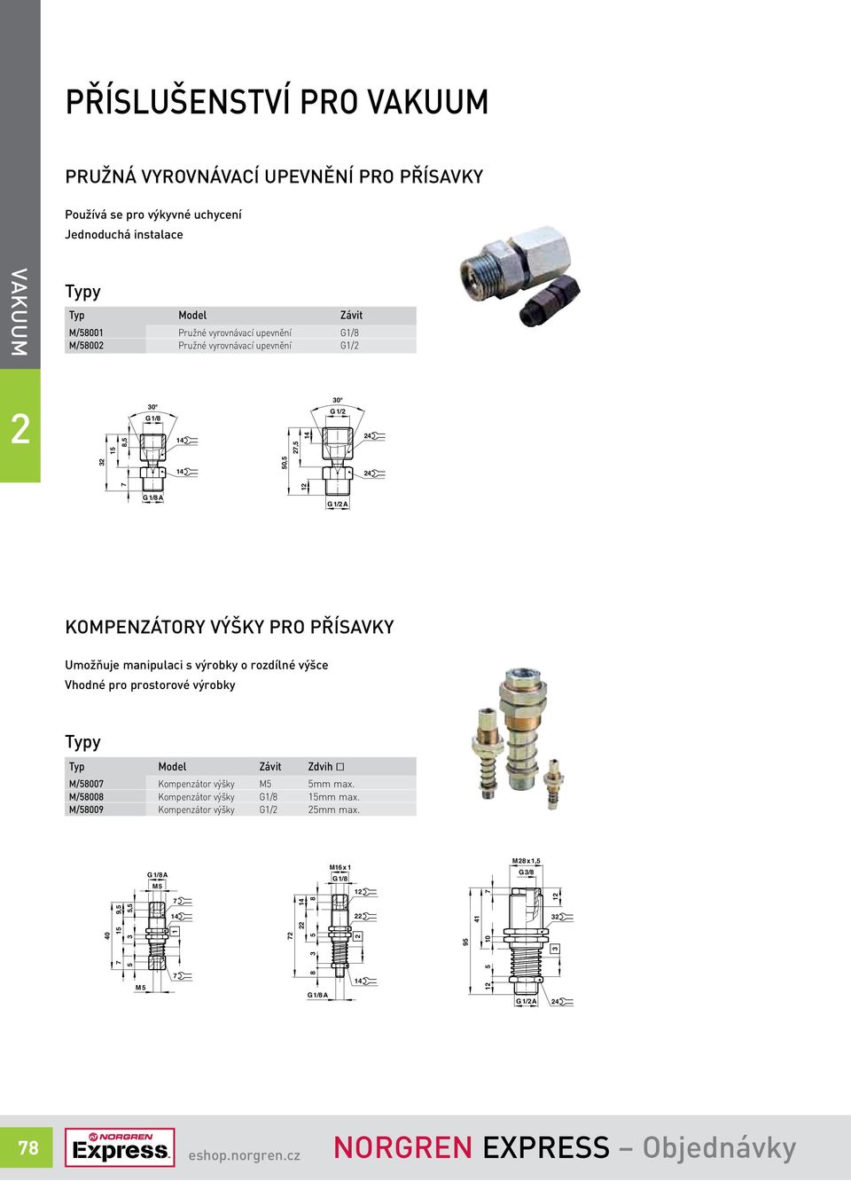 manipulaci s výrobky o rozdílné výšce Vhodné pro prostorové výrobky Typ Model Závit Zdvih M/58007 Kompenzátor výšky M5 5mm max. M/58008 Kompenzátor výšky 1/8 15mm max.