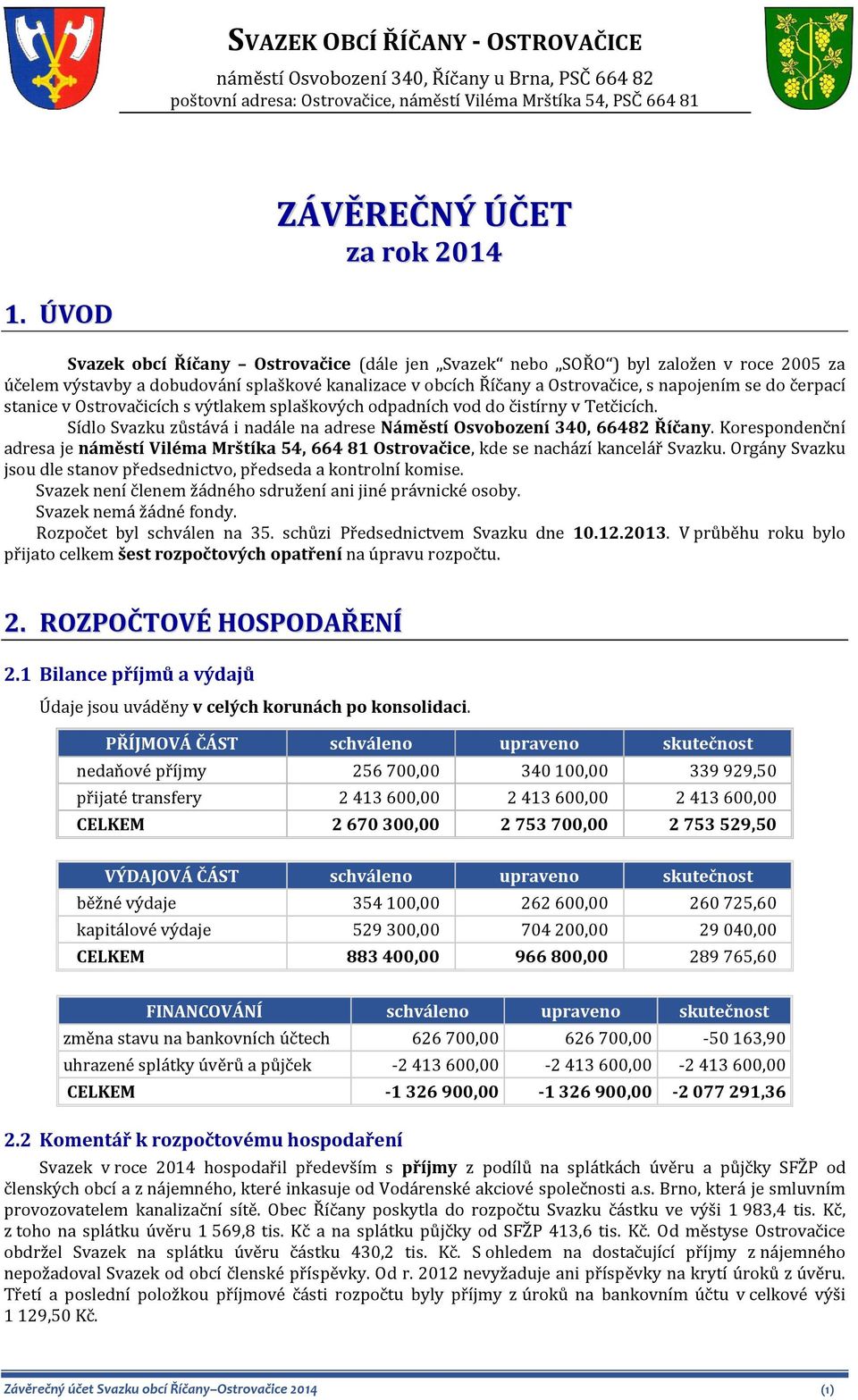 stanice v Ostrovačicích s výtlakem splaškových odpadních vod do čistírny v Tetčicích. Sídlo Svazku zůstává i nadále na adrese Náměstí Osvobození 340, 66482 Říčany.