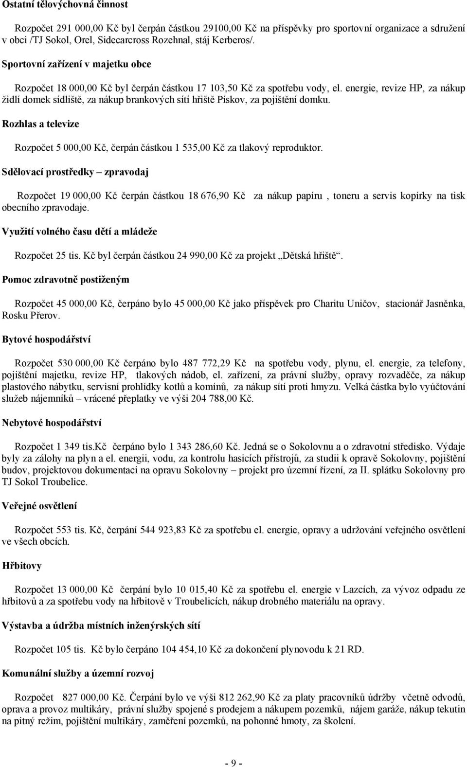 energie, revize HP, za nákup židlí domek sídliště, za nákup brankových sítí hřiště Pískov, za pojištění domku.