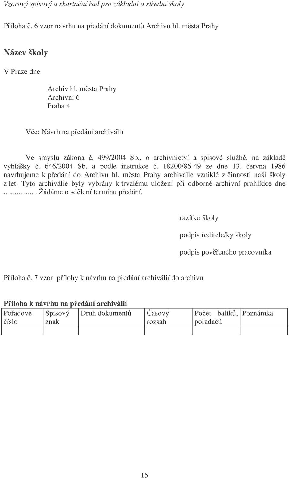 msta Prahy archiválie vzniklé z innosti naší školy z let. Tyto archiválie byly vybrány k trvalému uložení pi odborné archivní prohlídce dne.... Žádáme o sdlení termínu pedání.