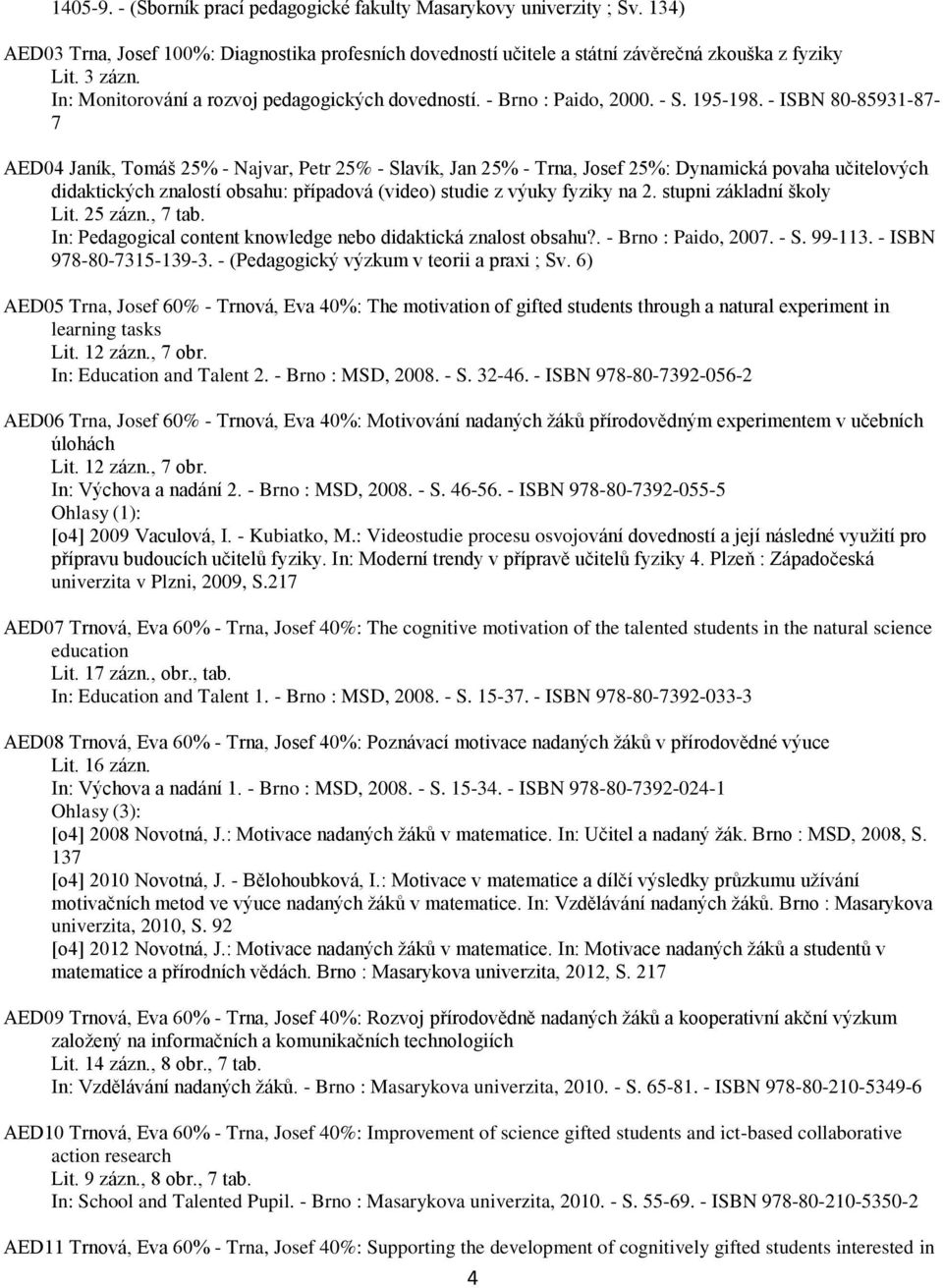 - ISBN 80-85931-87-7 AED04 Janík, Tomáš 25% - Najvar, Petr 25% - Slavík, Jan 25% - Trna, Josef 25%: Dynamická povaha učitelových didaktických znalostí obsahu: případová (video) studie z výuky fyziky