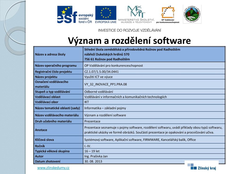 typů softwaru, praktické ukázky ve formě obrázků.