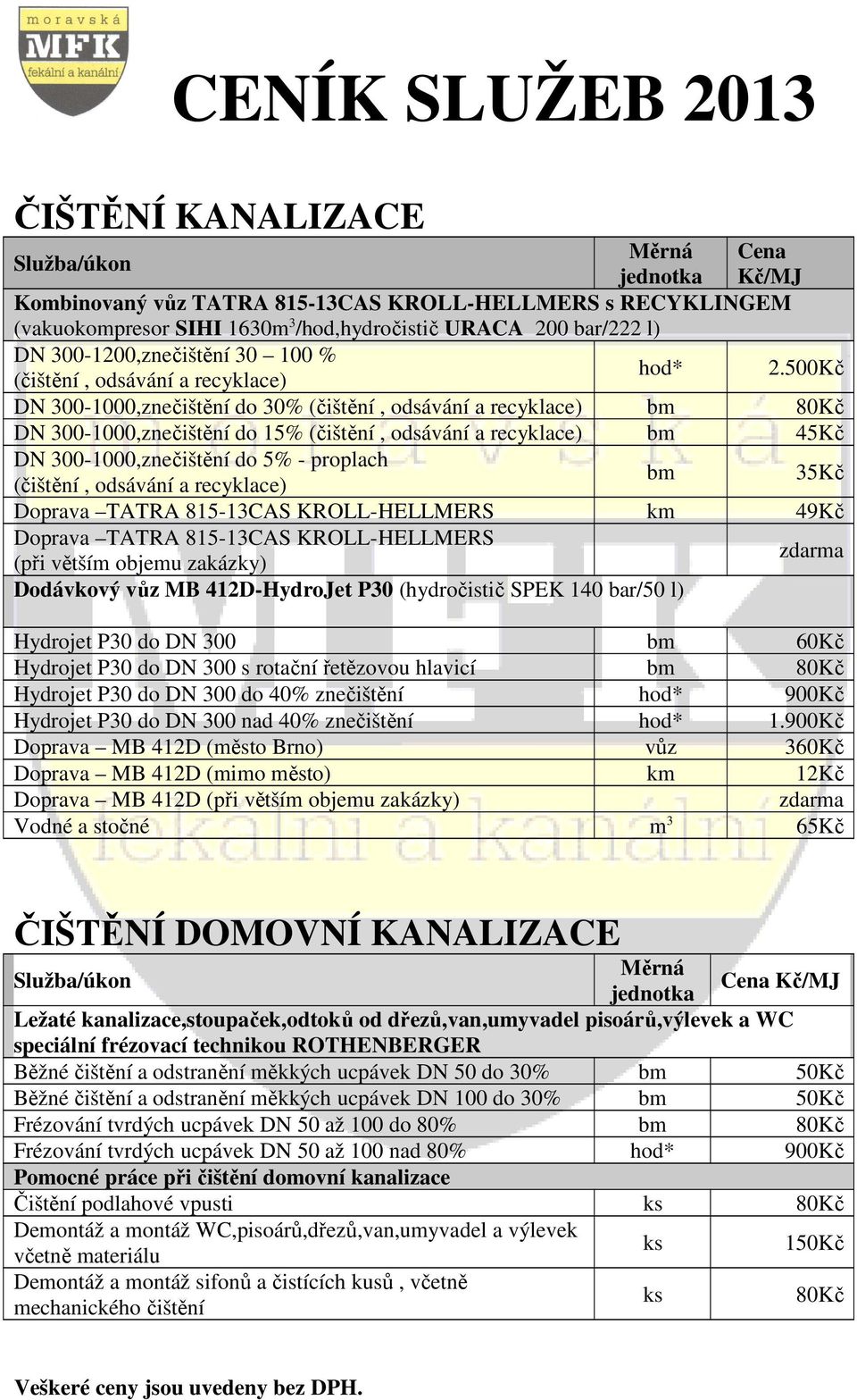 500Kč DN 300-1000,znečištění do 30% (čištění, odsávání a recyklace) 80Kč DN 300-1000,znečištění do 15% (čištění, odsávání a recyklace) 45Kč DN 300-1000,znečištění do 5% - proplach (čištění, odsávání