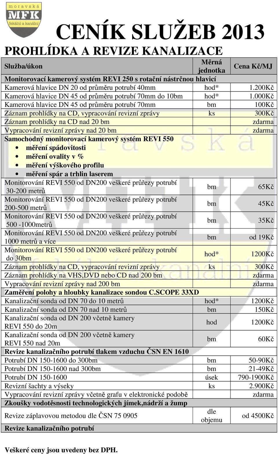 000Kč Kamerová hlavice DN 45 od průměru potrubí 70mm 100Kč Záznam prohlídky na CD, vypracování revizní zprávy ks 300Kč Záznam prohlídky na CD nad 20 Vypracování revizní zprávy nad 20 Samochodný