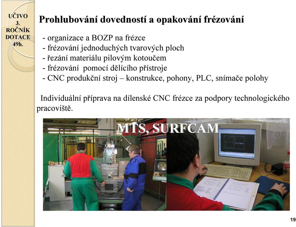 jednoduchých tvarových ploch - řezání materiálu pilovým kotoučem -frézování pomocí dělícího