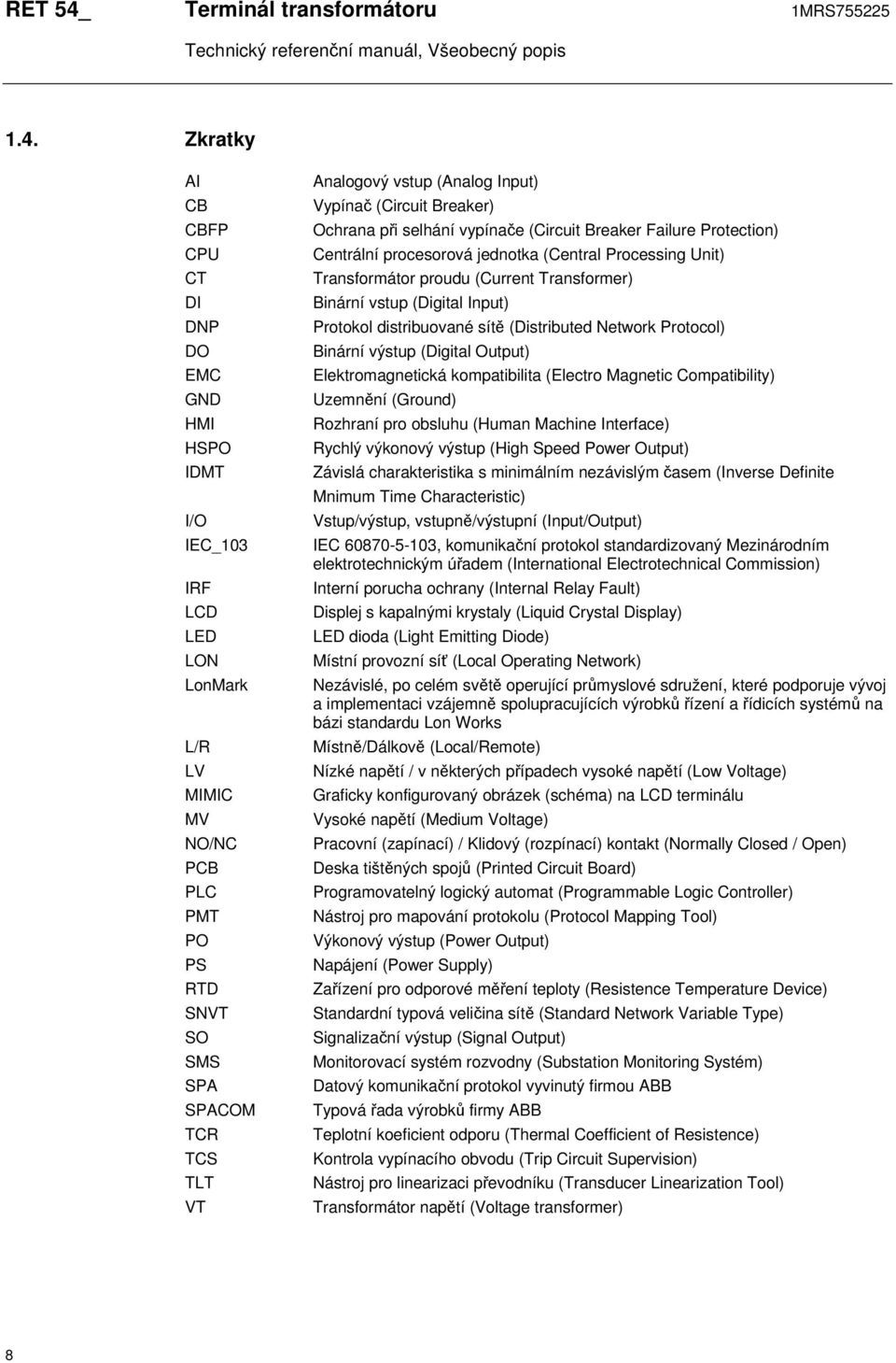 Zkratky AI CB CBFP CPU CT DI DNP DO EMC GND HMI HSPO IDMT I/O IEC_103 IRF LCD LED LON LonMark L/R LV MIMIC MV NO/NC PCB PLC PMT PO PS RTD SNVT SO SMS SPA SPACOM TCR TCS TLT VT Analogový vstup (Analog