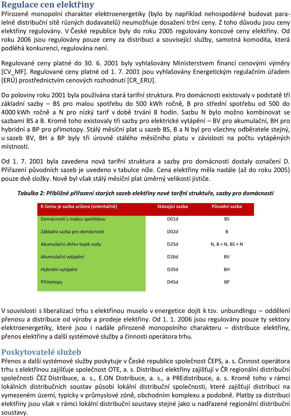 Od roku 2006 jsou regulovány pouze ceny za distribuci a související služby, samotná komodita, která podléhá konkurenci, regulována není. Regulované ceny platné do 30. 6.