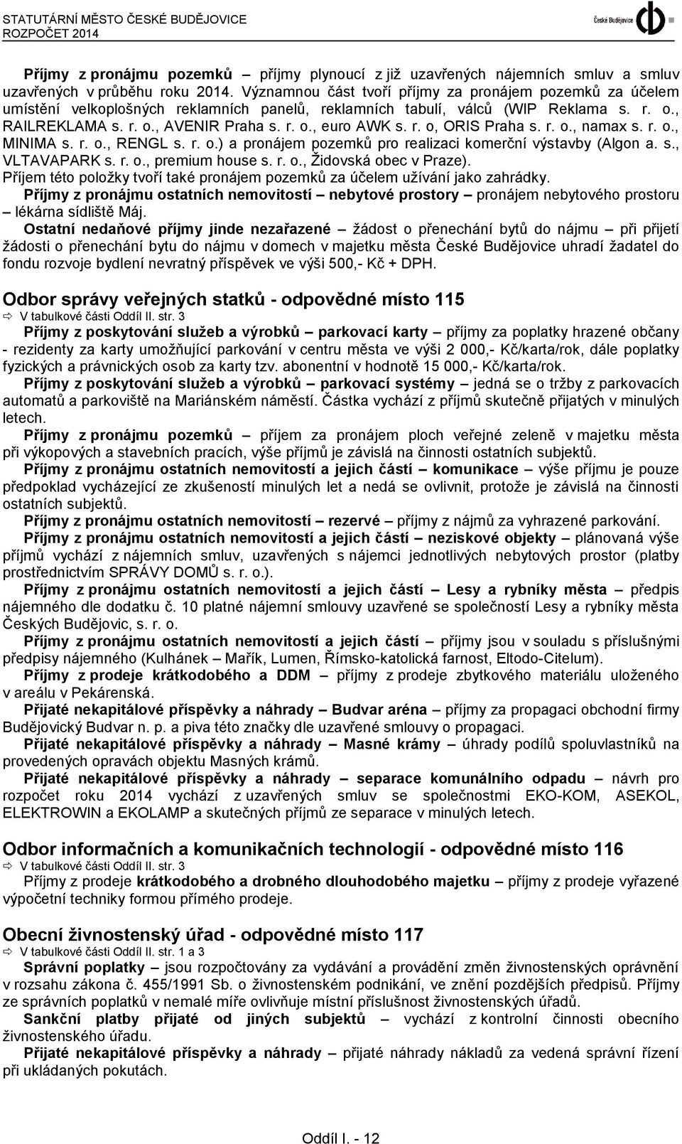r. o, ORIS Praha s. r. o., namax s. r. o., MINIMA s. r. o., RENGL s. r. o.) a pronájem pozemků pro realizaci komerční výstavby (Algon a. s., VLTAVAPARK s. r. o., premium house s. r. o., Židovská obec v Praze).