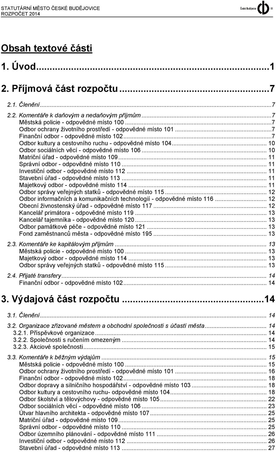 .. 10 Odbor sociálních věcí - odpovědné místo 106... 10 Matriční úřad - odpovědné místo 109... 11 Správní odbor - odpovědné místo 110... 11 Investiční odbor - odpovědné místo 112.