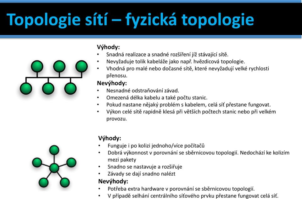 Pokud nastane nějaký problém s kabelem, celá síť přestane fungovat. Výkon celé sítě rapidně klesá při větších počtech stanic nebo při velkém provozu.