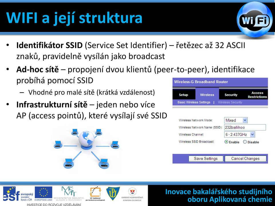 (peer-to-peer), identifikace probíhá pomocí SSID Vhodné pro malé sítě (krátká