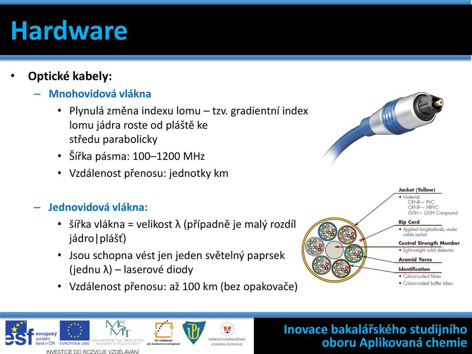 Vzdálenost přenosu: jednotky km Jednovidová vlákna: šířka vlákna = velikost λ (případně je malý