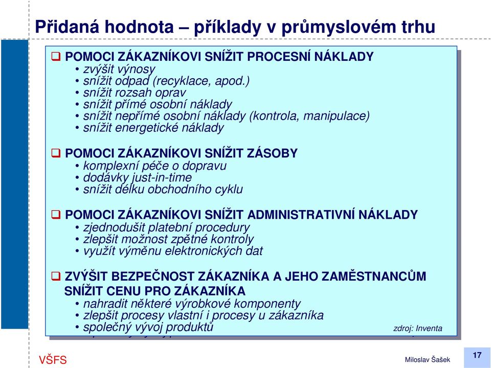 ZÁKAZNÍKOVI SNÍŽIT SNÍŽIT ZÁSOBY komplexní péče péče o dopravu dodávky just-in-time snížit snížit délku délku obchodního cyklu cyklu POMOCI ZÁKAZNÍKOVI SNÍŽIT SNÍŽIT ADMINISTRATIVNÍ NÁKLADY