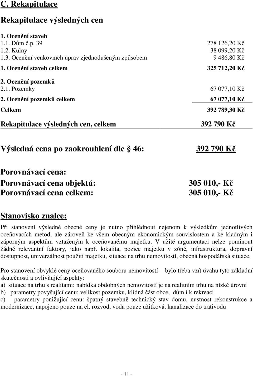 Ocenění pozemků celkem 67 077,10 Kč Celkem 392 789,30 Kč Rekapitulace výsledných cen, celkem 392 790 Kč Výsledná cena po zaokrouhlení dle 46: Porovnávací cena: Porovnávací cena objektů: Porovnávací