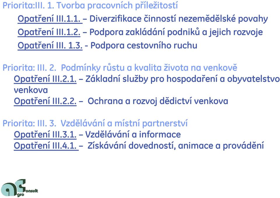 Podmínky růstu a kvalita života na venkově Opatření III.2.1. Základní služby pro hospodaření a obyvatelstvo venkova Opatření III.2.2. Ochranaa rozvojdědictví venkova Priorita: III.