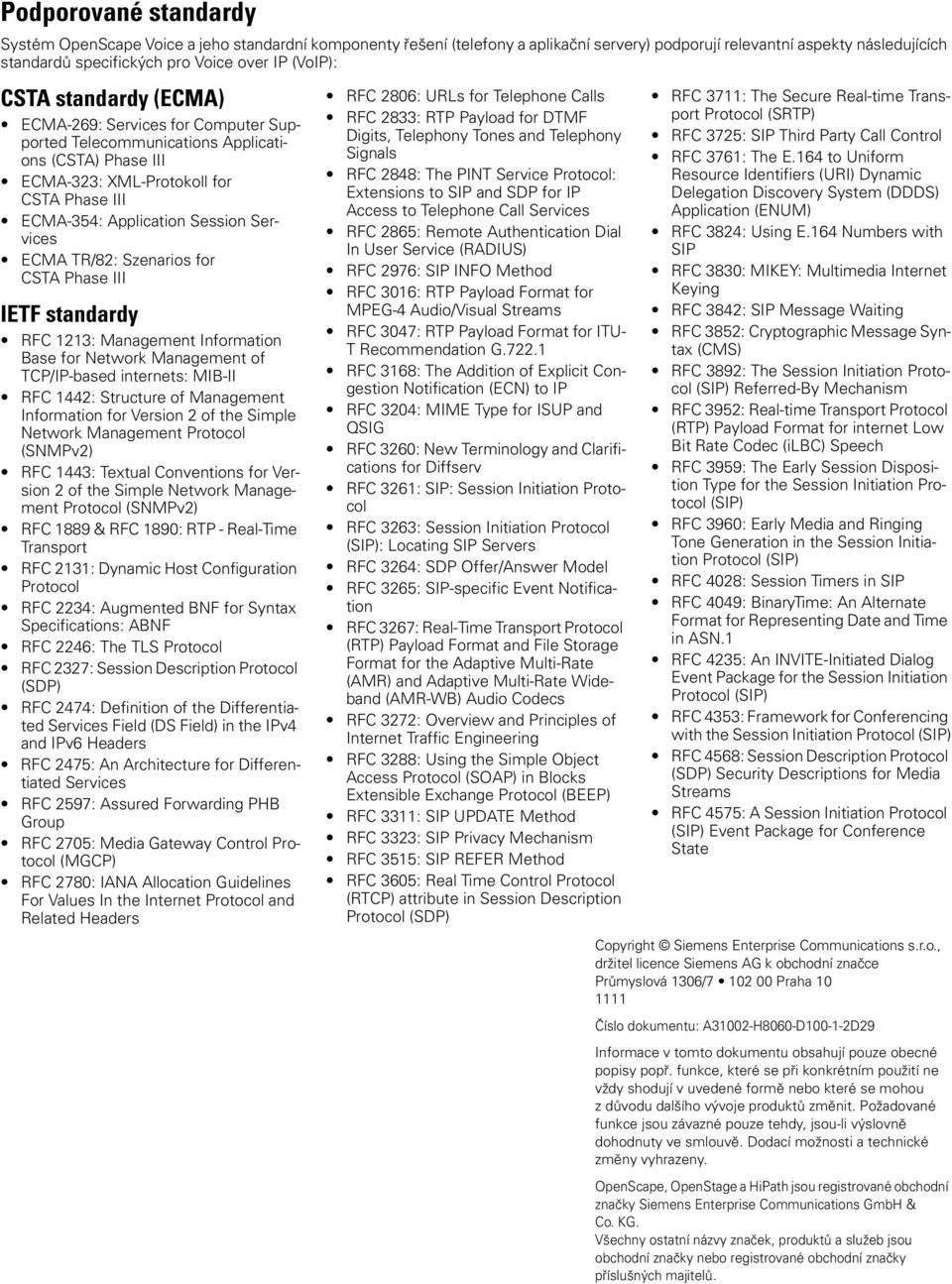 Services ECMA TR/82: Szenarios for CSTA Phase III IETF standardy RFC 1213: Management Information Base for Network Management of TCP/IP-based internets: MIB-II RFC 1442: Structure of Management