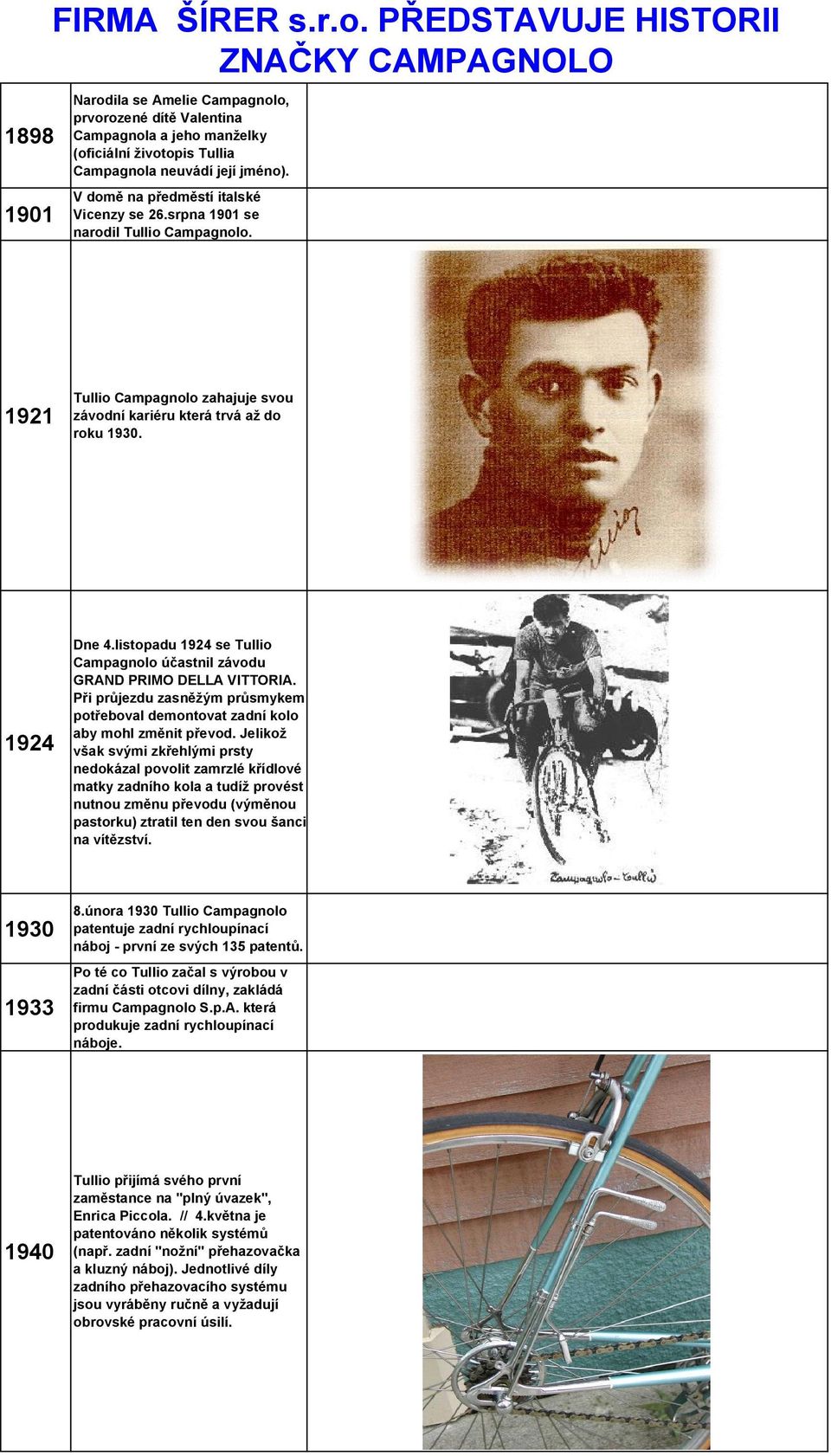 V domě na předměstí italské Vicenzy se 26.srpna 1901 se narodil Tullio Campagnolo. 1921 Tullio Campagnolo zahajuje svou závodní kariéru která trvá až do roku 1930. 1924 Dne 4.
