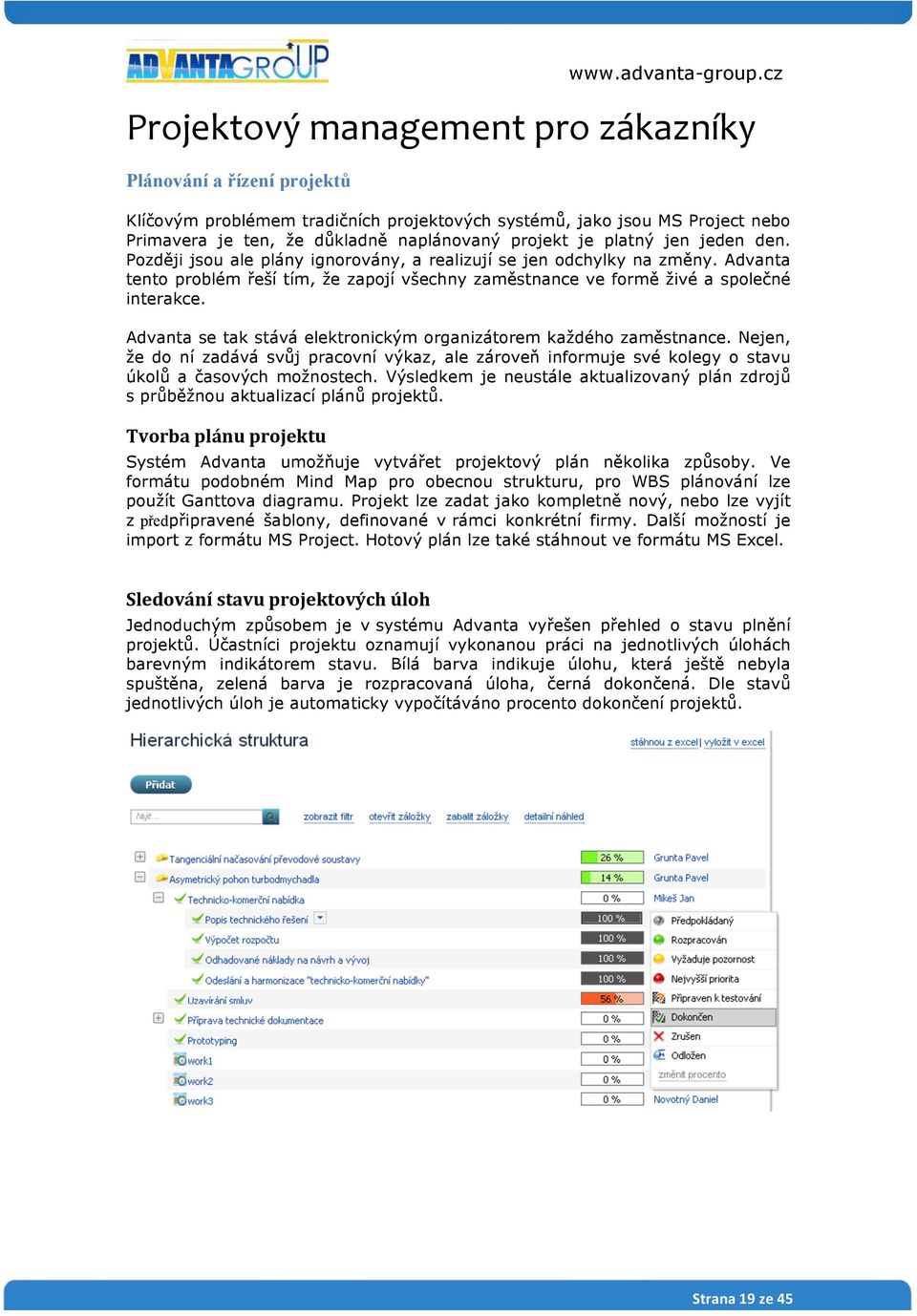 Advanta se tak stává elektronickým organizátorem každého zaměstnance. Nejen, že do ní zadává svůj pracovní výkaz, ale zároveň informuje své kolegy o stavu úkolů a časových možnostech.