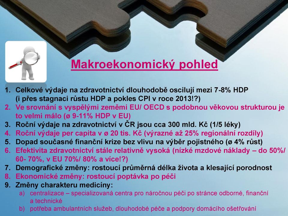 Roční výdaje per capita v ø 20 tis. Kč (výrazné až 25% regionální rozdíly) 5. Dopad současné finanční krize bez vlivu na výběr pojistného (ø 4% růst) 6.