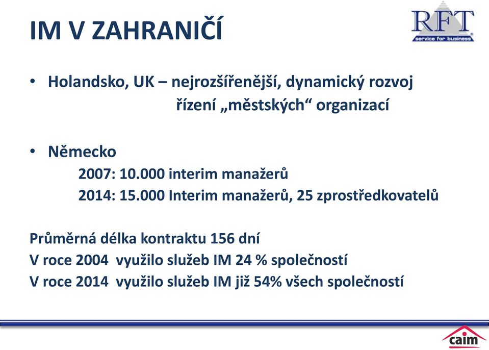 000 Interim manažerů, 25 zprostředkovatelů Průměrná délka kontraktu 156 dní V