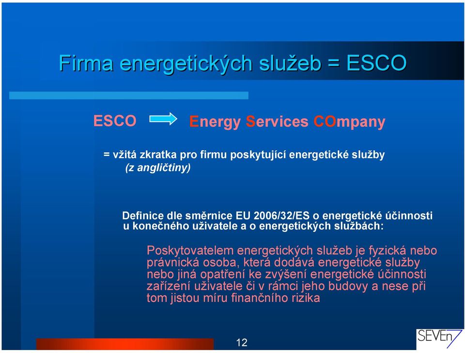 službách: Poskytovatelem energetických služeb je fyzická nebo právnická osoba, která dodává energetické služby nebo jiná