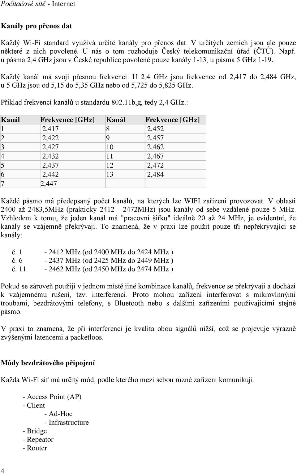 U 2,4 GHz jsou frekvence od 2,417 do 2,484 GHz, u 5 GHz jsou od 5,15 do 5,35 GHz nebo od 5,725 do 5,825 GHz. Příklad frekvencí kanálů u standardu 802.11b,g, tedy 2,4 GHz.