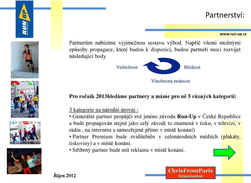Viditelnost Blízkost Všeobecná známost Pro ročník 2013hledáme partnery a máme pro ně 5 různých kategorií: 3 kategorie na národní úrovni : Generální partner