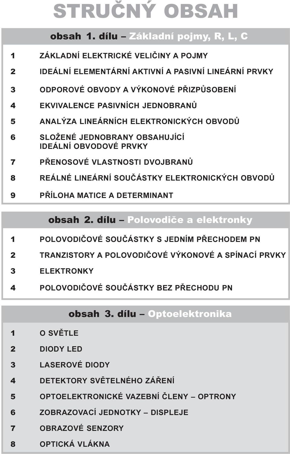 5 ANALÝZA LINEÁRNÍCH ELEKTRONICKÝCH OBVODÙ 6 SLOŽENÉ JEDNOBRANY OBSAHUJÍCÍ IDEÁLNÍ OBVODOVÉ PRVKY 7 PØENOSOVÉ VLASTNOSTI DVOJBRANÙ 8 REÁLNÉ LINEÁRNÍ SOUÈÁSTKY ELEKTRONICKÝCH OBVODÙ 9 PØÍLOHA MATICE A