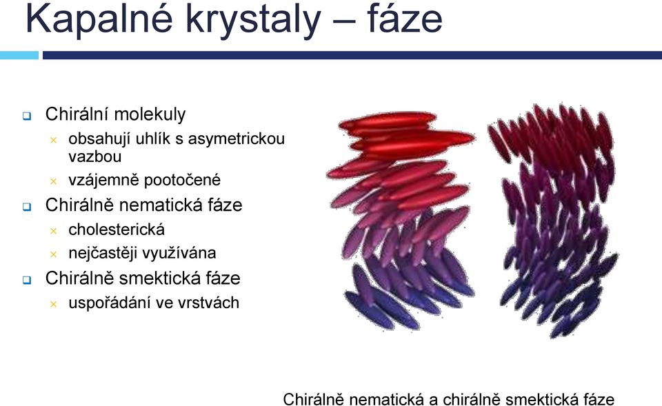 fáze cholesterická nejčastěji využívána Chirálně smektická