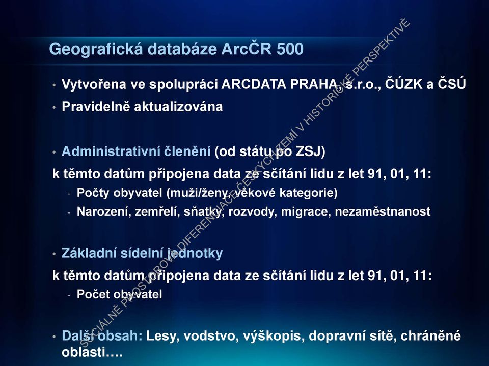 (muži/ženy, věkové kategorie) - Narození, zemřelí, sňatky, rozvody, migrace, nezaměstnanost Základní sídelní jednotky k těmto