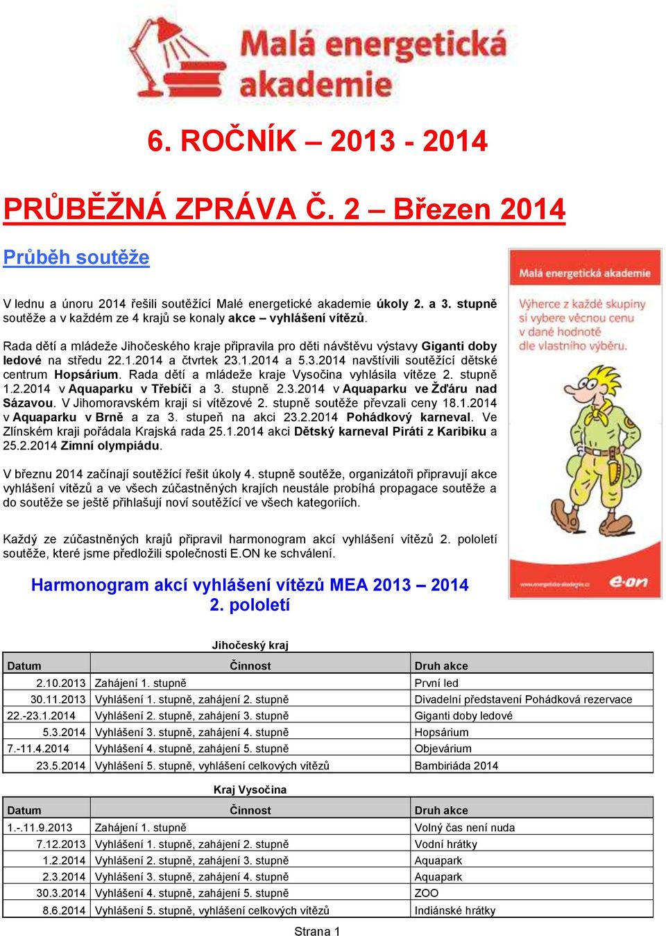 3.2014 navštívili soutěžící dětské centrum Hopsárium. Rada dětí a mládeže kraje Vysočina vyhlásila vítěze 2. stupně 1.2.2014 v Aquaparku v Třebíči a 3. stupně 2.3.2014 v Aquaparku ve Žďáru nad Sázavou.