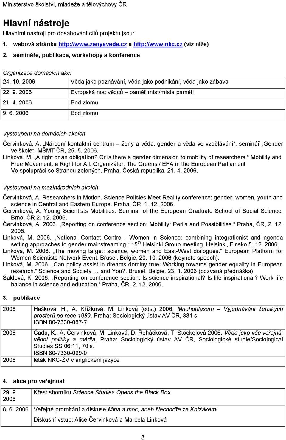4. 2006 Bod zlomu 9. 6. 2006 Bod zlomu Vystoupení na domácích akcích Červinková, A. Národní kontaktní centrum ženy a věda: gender a věda ve vzdělávání, seminář Gender ve škole, MŠMT ČR, 25. 5. 2006. Linková, M.