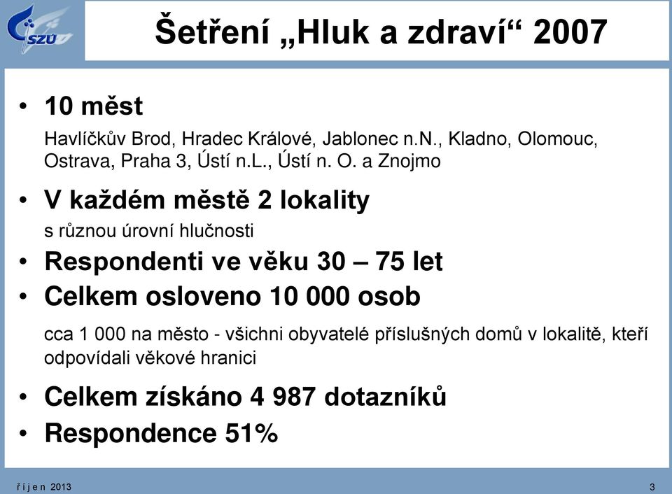 a Znojmo V každém městě 2 lokality s různou úrovní hlučnosti Respondenti ve věku 30 75 let Celkem