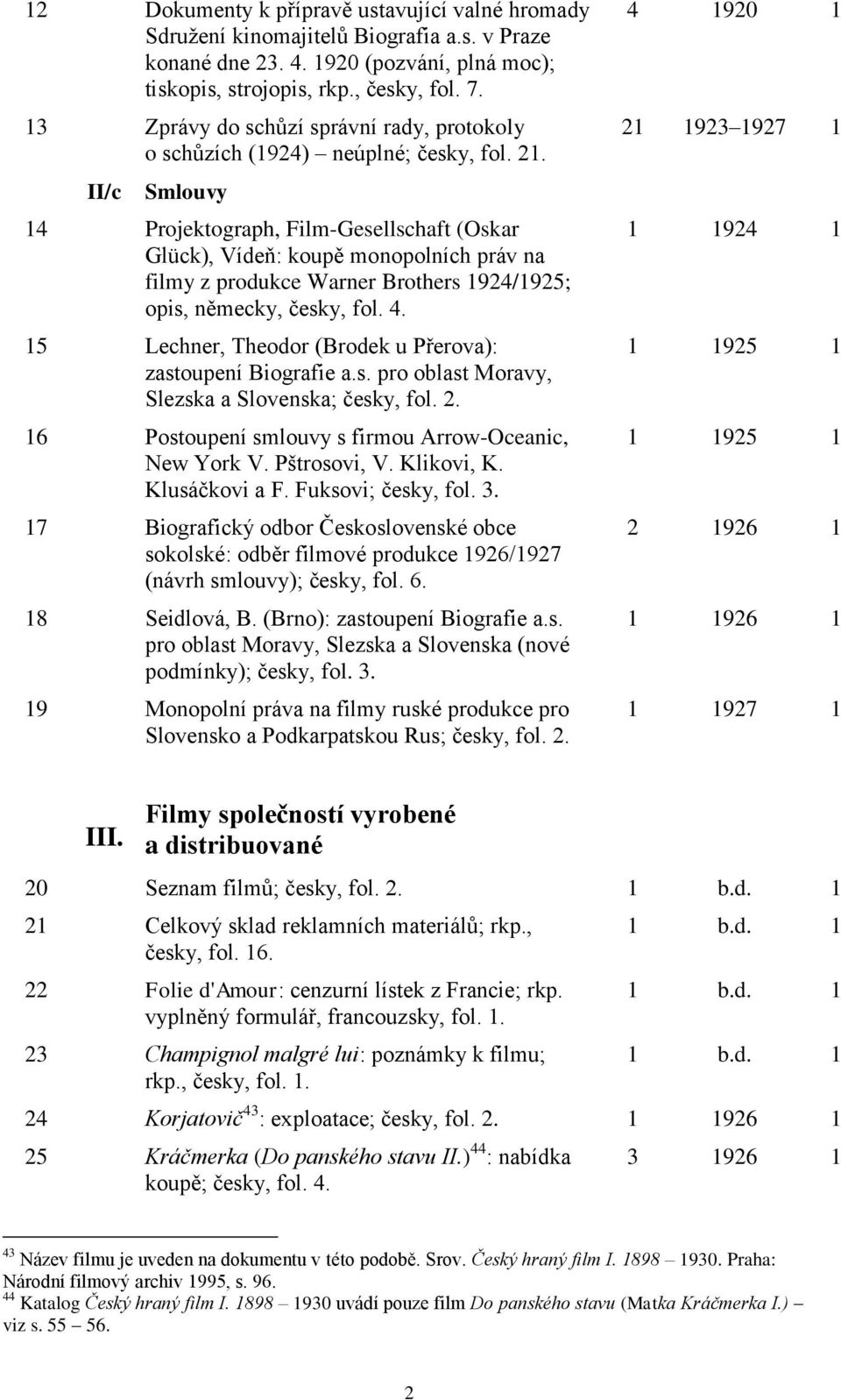 II/c Smlouvy 14 Projektograph, Film-Gesellschaft (Oskar Glück), Vídeň: koupě monopolních práv na filmy z produkce Warner Brothers 1924/1925; opis, německy, česky, fol. 4.