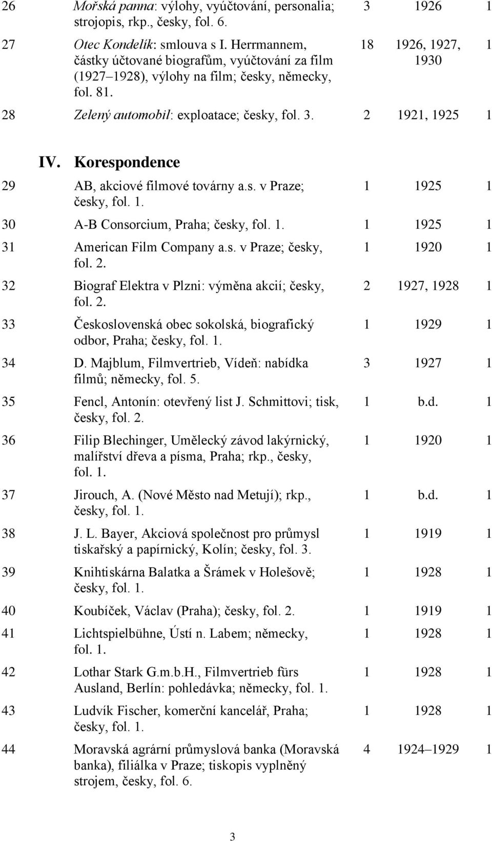 Korespondence 29 AB, akciové filmové továrny a.s. v Praze; česky, fol. 1. 1 1925 1 30 A-B Consorcium, Praha; česky, fol. 1. 1 1925 1 31 American Film Company a.s. v Praze; česky, fol. 2. 32 Biograf Elektra v Plzni: výměna akcií; česky, fol.