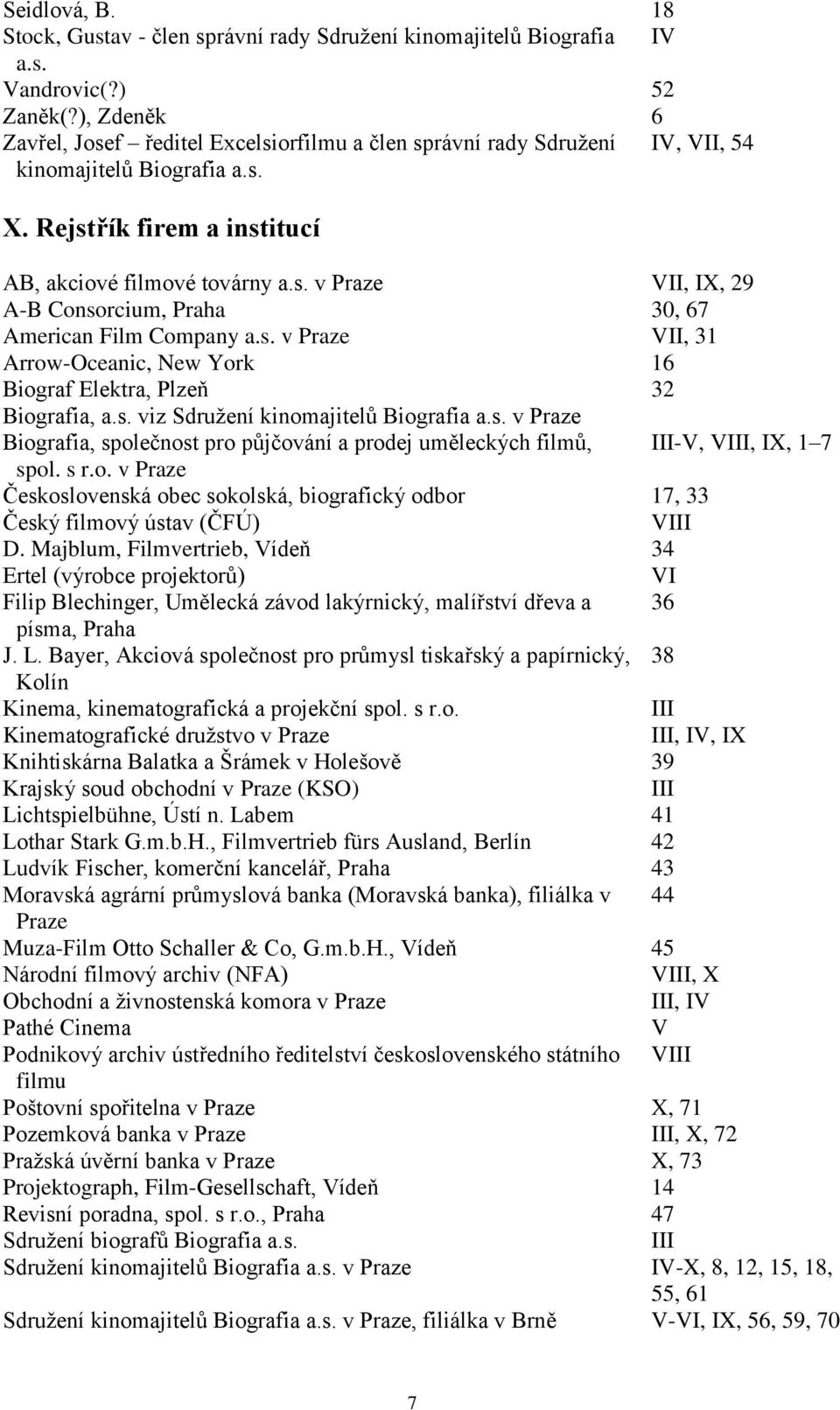 s. v Praze VII, 31 Arrow-Oceanic, New York 16 Biograf Elektra, Plzeň 32 Biografia, a.s. viz Sdružení kinomajitelů Biografia a.s. v Praze Biografia, společnost pro půjčování a prodej uměleckých filmů, III-V,, IX, 1 7 spol.