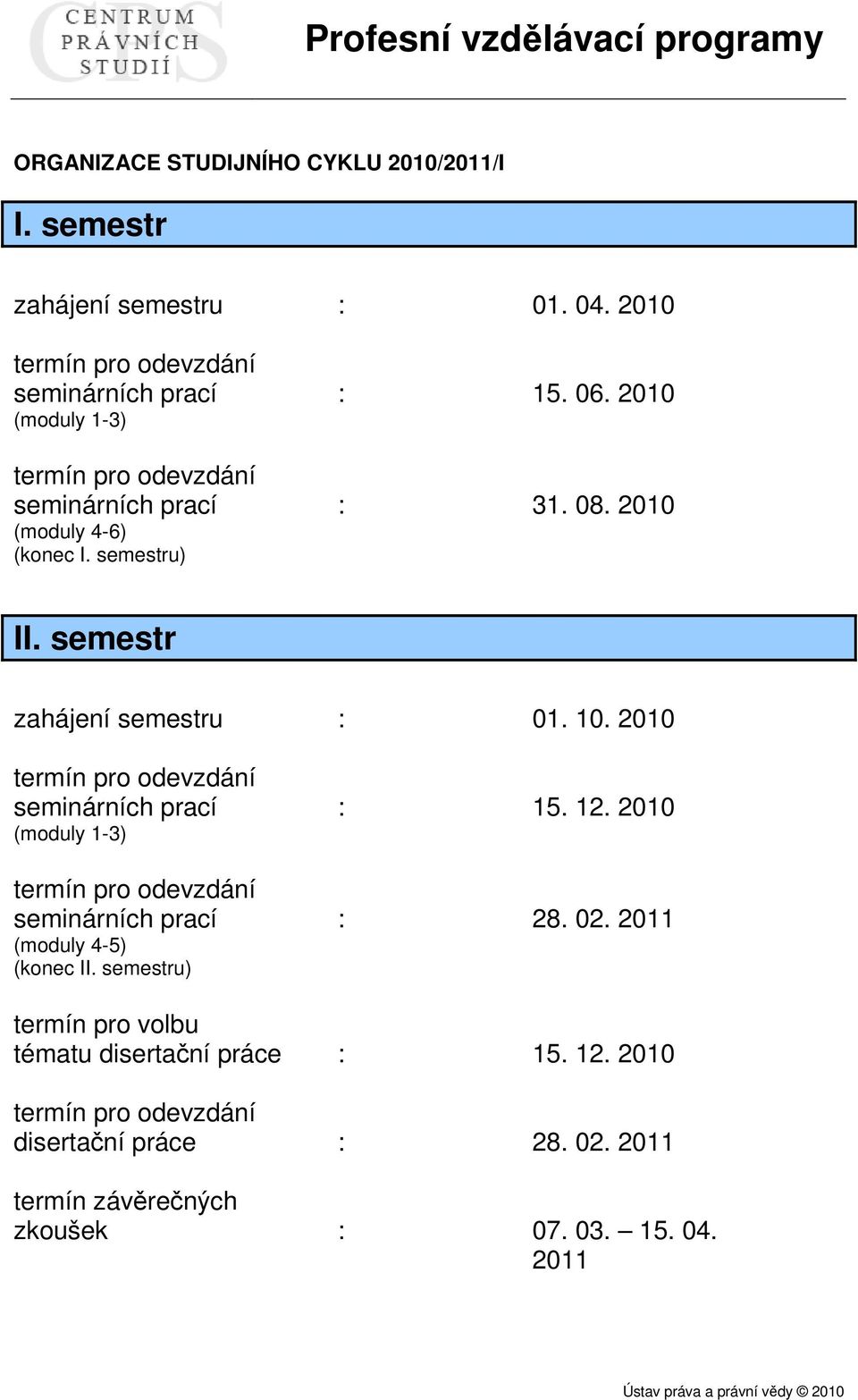 2010 termín pro odevzdání seminárních prací : 15. 12. 2010 (moduly 1-3) termín pro odevzdání seminárních prací : 28. 02. 2011 (moduly 4-5) (konec II.